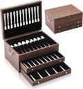 DoubleFill 3 Layer Leather Silverware Storage Box with Lid and Handles, Anti Tarnish Silverware Storage Chest Case with Felt-lined for 12-16 or More Sets of Utensils Flatware Gifts, 15.3x11.2x9 Inch