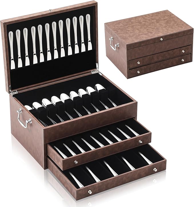 DoubleFill 3 Layer Leather Silverware Storage Box with Lid and Handles, Anti Tarnish Silverware Storage Chest Case with Felt-lined for 12-16 or More Sets of Utensils Flatware Gifts, 15.3x11.2x9 Inch