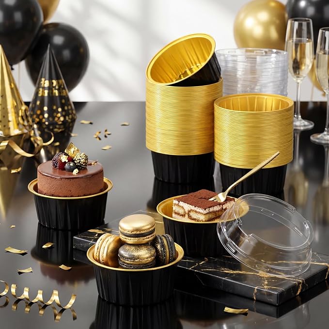 Gejoy 600 Pcs Aluminum Foil Baking Cups with Lids 5 oz Disposable Ramekins Mini Cake Pans Creme Brulee Cupcake Liners Muffin Dessert Container for Wedding Birthday Party (Classic,Black and Gold)
