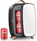 COWSAR Mini Fridge for Bedroom with Dimmable LED Light Mirror, 6 L/8 Can Skincare Fridge with Top Leather Handle, Portable Small Refrigerator for Cosmetic, Beverage and Food, Dorm, Office, Deep Black