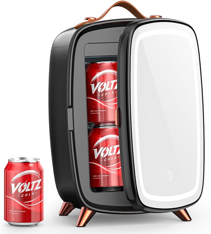 COWSAR Mini Fridge for Bedroom with Dimmable LED Light Mirror, 6 L/8 Can Skincare Fridge with Top Leather Handle, Portable Small Refrigerator for Cosmetic, Beverage and Food, Dorm, Office, Deep Black