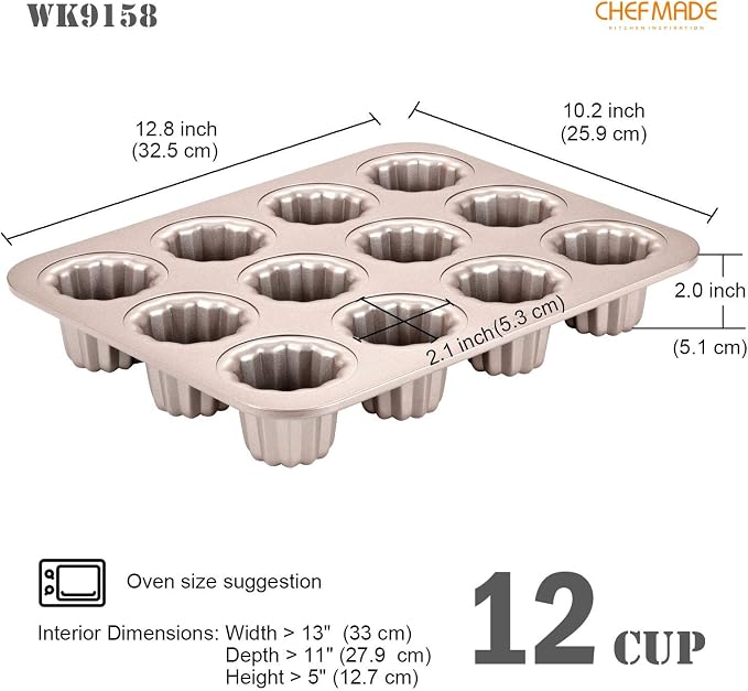 CHEFMADE Canele Mold Cake Pan, 12-Cavity Non-Stick Canele Muffin Bakeware Cupcake Pan for Oven Baking (Champagne Gold)