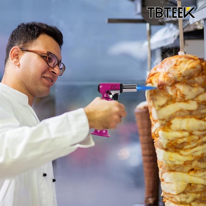 TBTeek Butane Torch with Fuel Gauge T907, One-hand Operation Kitchen Torch Lighter with Adjustable Flame for BBQ, Baking, Brulee Creme, Crafts and Soldering(Butane Gas Not Included), Pink