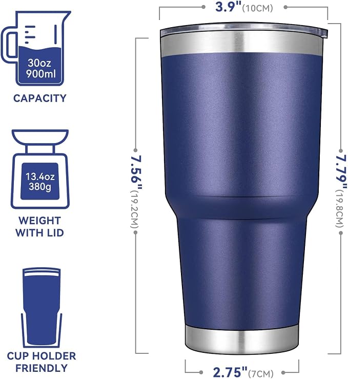 DOMICARE 30oz Tumbler Bulk with Lid and Straw, Double Wall Travel Coffee Mug, Insulated Vacuum Stainless Steel Tumblers, Powder Coated Tumbler Cup (Navy, 8)