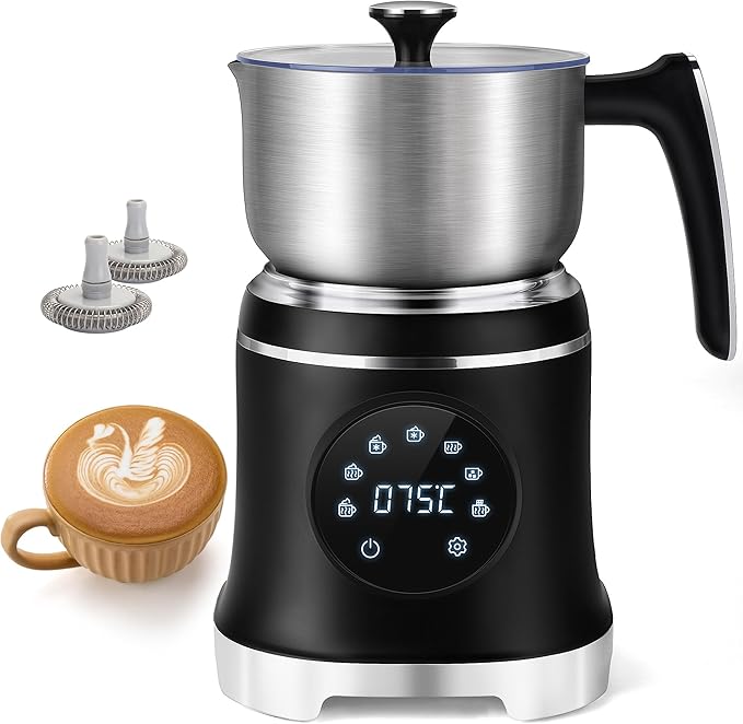 7-IN-1 Milk Frother, 20.3 OZ Milk Frother and Steamer with Temperature Control Stainless Steel Electric Milk Frother Dishwasher Safe Hot and Cold Foam for Latte Hot Chocolate Cocoa (Black)