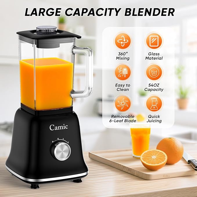 Glass Blenders for Kitchen with 750W, 54Oz. Countertop Blender Glass Jar Food Processor Combo, BPA-Free Blender for Smoothies, Ice Crush,Nuts, Frozen Drinks and Fruits