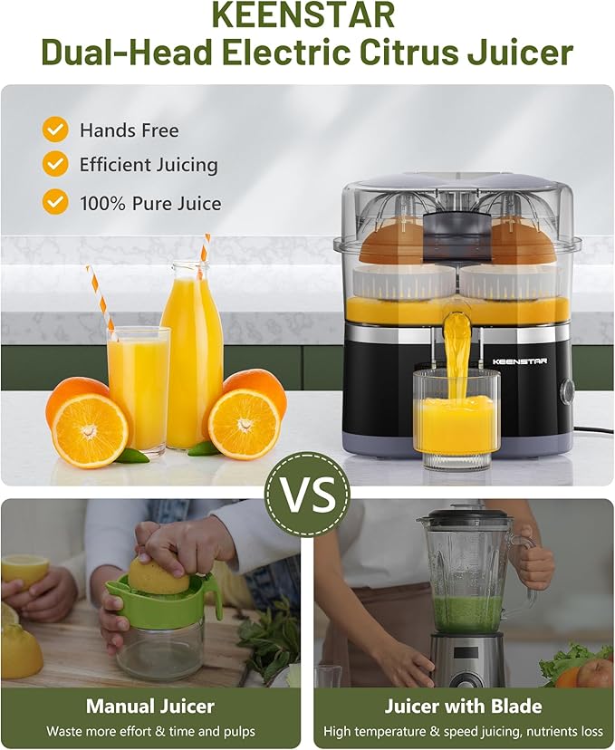 KEENSTAR Electric Citrus Juicer, Dual-Head Orange Juicer Squeezer, Portable Juicer with Cleaning Brush for Lemon, Grapefruit, High Juice Yield, Easy to Clean, One Touch Operation