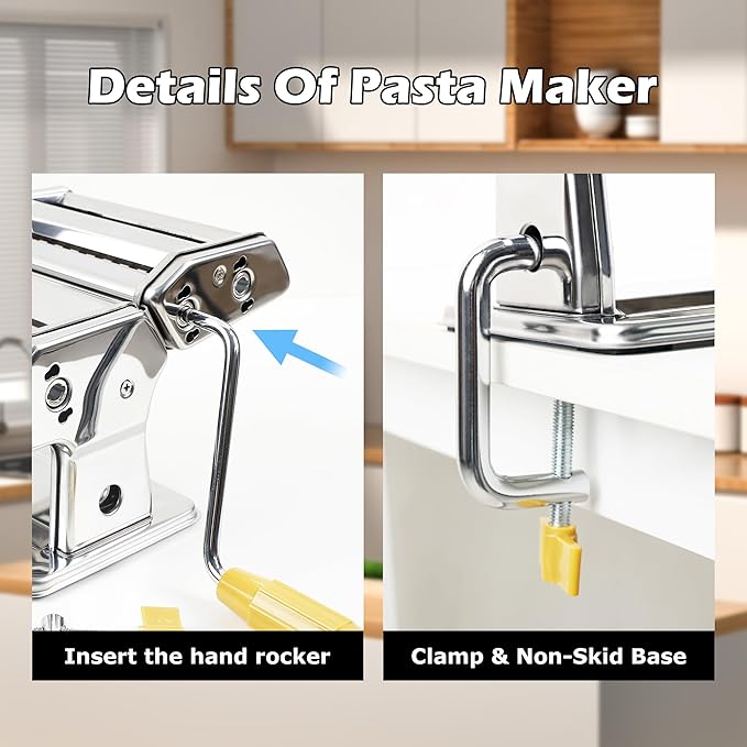 Pasta Maker Machine With 7 Adjustable Thickness Settings, Stainless Steel Manual Noodle Maker,Pasta Roller& Cutters With Removable Handle and Clamp For Kitchen