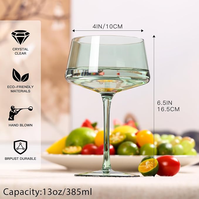 comfit Hand Blown Colored Coupe Glasses Set of 6-13oz large Crystal Martini, Cocktail & Champagne Glasses -Cute & Colorful Cocktail Glassware-Perfect for Bar, Cocktails, Martinis-Wedding Gifts