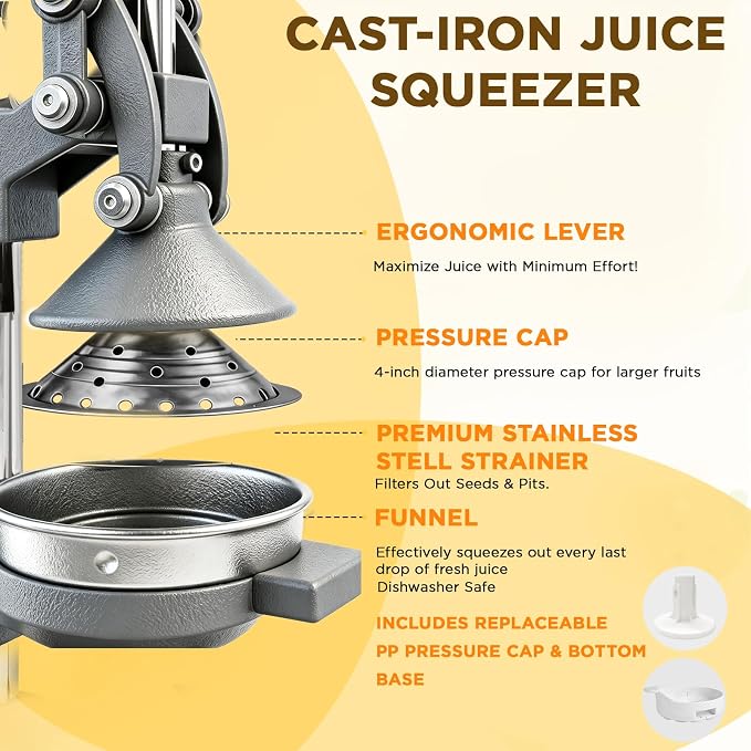 Cast Iron Juicer,Manual Juicer Hand Press,Orange Lemon Squeezer,Heavy Duty Manual Juicer,Professional Citrus Juicer Fruit Juice -Stainless Steel,Easy to Clean Grey