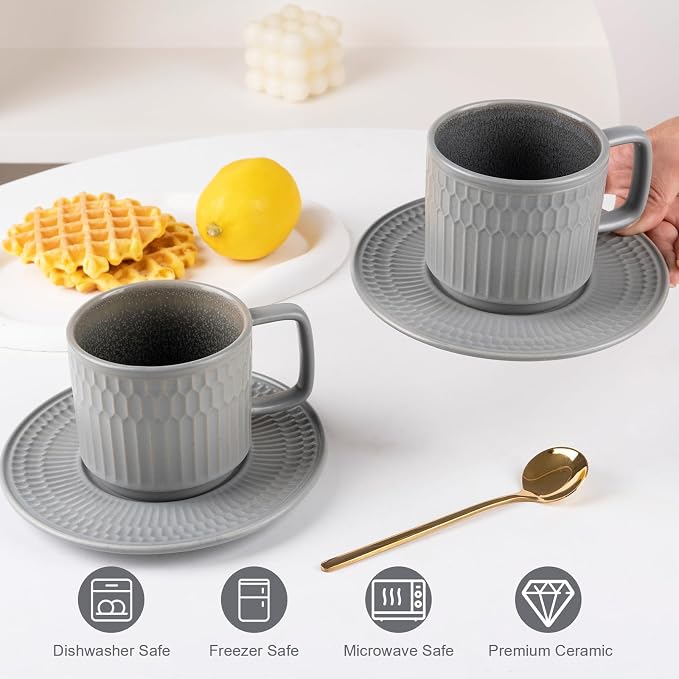 8oz Cappuccino Cups with Saucers Set of 4, 8 Ounce Stackable Embossed Ceramic Coffee Mugs for Specialty Coffee Drinks, Latte Mugs, Cafe Mocha and Tea, Dishwasher & Microwave Safe (Grey)
