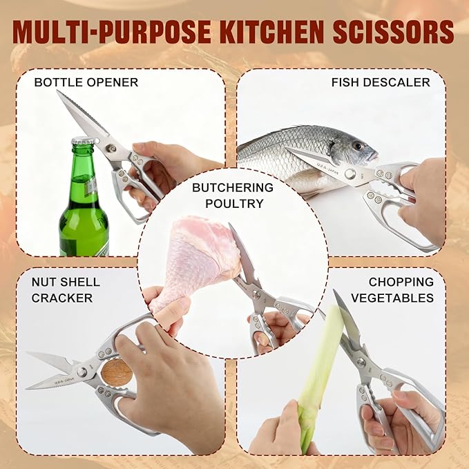 Kitchen Scissors, Heavy Duty Stainless Steel Kitchen Shears, Sharp Silver Meat Scissor, All-Purpose Poultry Scissors, Japanese-Style Cooking Shears for Turkey, Chicken, Thanksgiving, Christmas