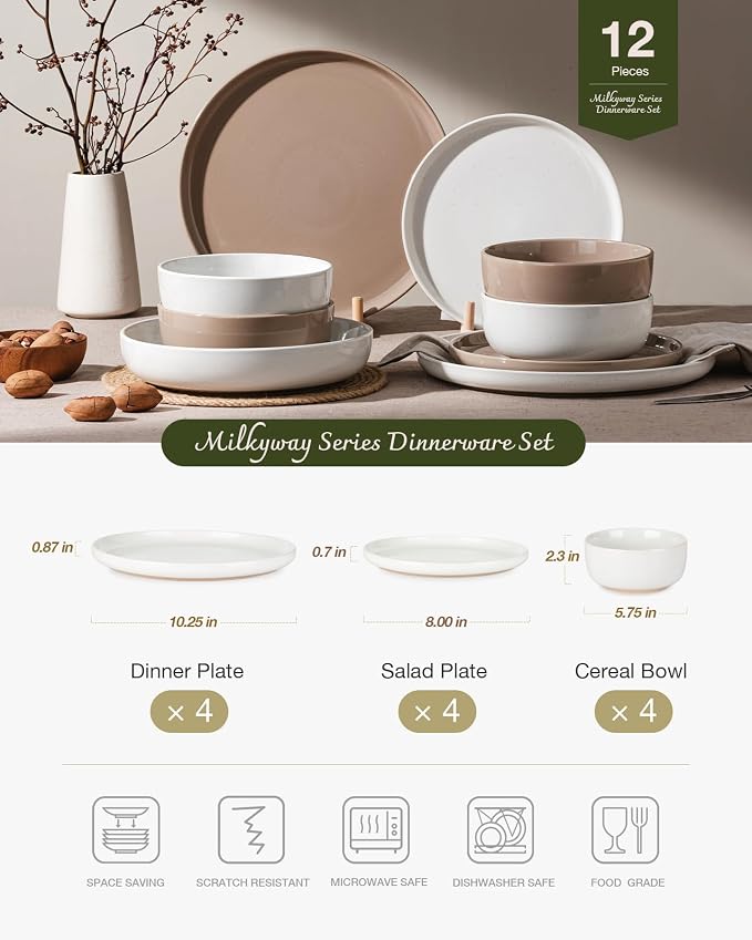 Famiware Milkyway Plates and Bowls Sets, 12 Pieces Stoneware Dinnerware Sets, Dishes Set for 4, White & Cinnamon Brown