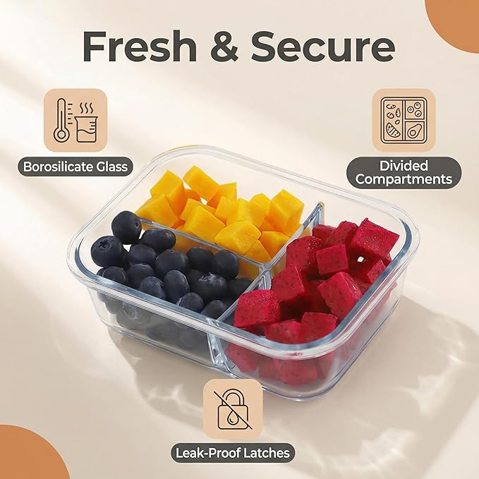 Glass Food Storage Containers with Lids, 1, 2 & 3 Compartment Meal Prep Set, 35 oz, Leakproof, BPA-Free, Oven & Freezer Safe, 6 Piece
