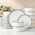 Famiware Porcelain Dinnerware Set, 24-Piece Modern Plate and Bowl Set, dish set for 8, Microwave and Dishwasher Safe Tableware, White with Blue Trim