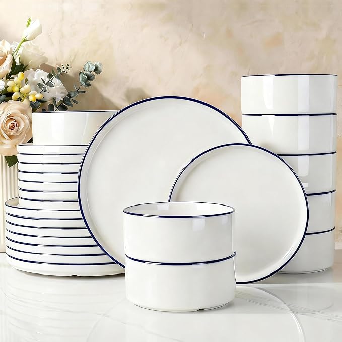 Famiware Porcelain Dinnerware Set, 24-Piece Modern Plate and Bowl Set, dish set for 8, Microwave and Dishwasher Safe Tableware, White with Blue Trim