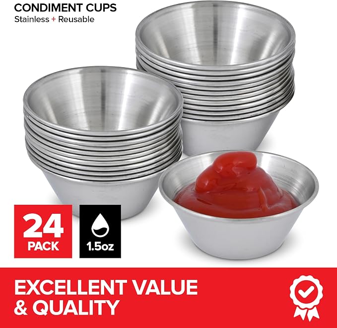 1.5 oz Stainless Steel Condiment Cups (24 Pack), Individual Portion Dipping Sauce Cups, Small Metal Ramekins for Ketchup, Marinara, BBQ Sauce, and More! Reusable Condiment Cups for Restaurants