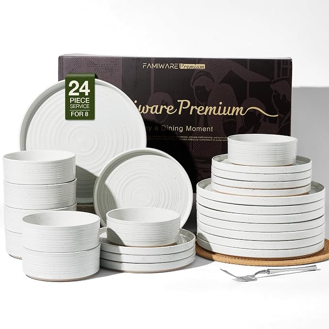Stoneware Dinnerware Sets for 8, 24-Piece High Edge Plates and Bowls with Speckled Glaze & Spiral Design - Chip & Scratch Resistant, Microwave & Dishwasher Safe - Gift Box, White