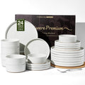 Stoneware Dinnerware Sets for 8, 24-Piece High Edge Plates and Bowls with Speckled Glaze & Spiral Design - Chip & Scratch Resistant, Microwave & Dishwasher Safe - Gift Box, White