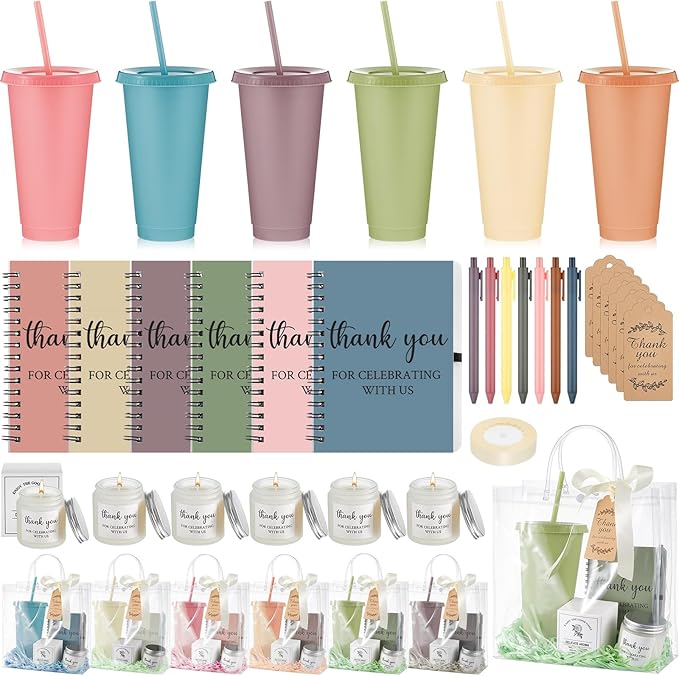 Nuogo 6 Sets New Parent Shower Prizes for Player Winners Adult, Wedding Bridal Shower Gift, Plastic Tumbler Notebook Scented Candle Ballpoint Pen Bag (Morandi Color,Classic Style)