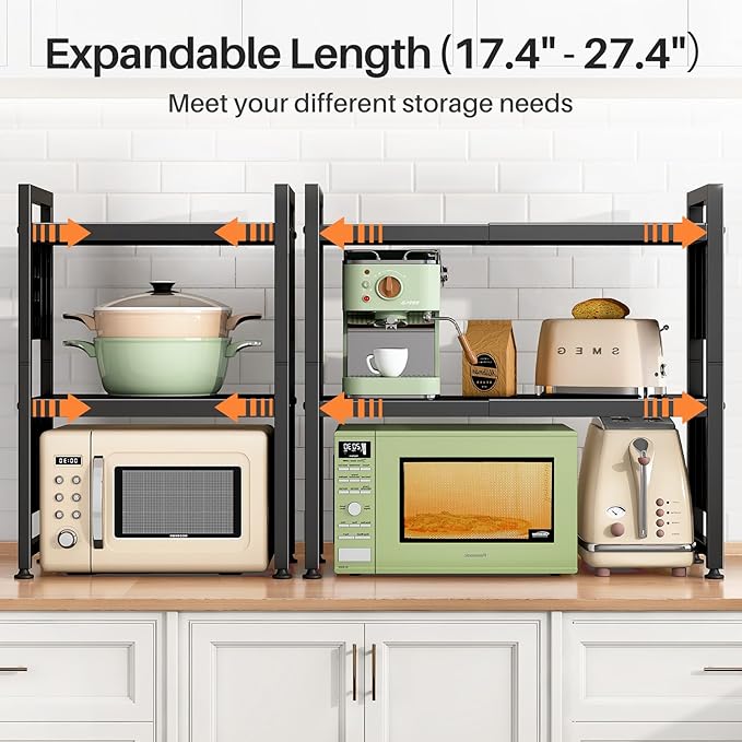 Expandable Microwave Stand, Heavy Duty 3-Tier Adjustable Microwave Oven Rack Shelf with 8 Hooks & 2 Holders, Space-saving Kitchen Counter Shelf for kitchen organizers and storage, 200lbs Capacity