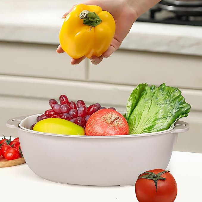 VECELO 2 In 1 Colander Strainer with Bowl Set, Fruit Vegetable Washing Colanders & Food Strainers, Heat-Resisted, Double Layer Colander for Kitchen for Pasta, Berry, Salads, Grey