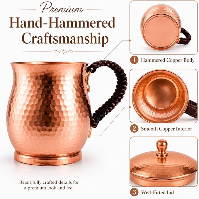 20oz Pure Copper Mug with Lid – Handcrafted Hammered Copper Tumbler for Water, Coffee & Daily Wellness
