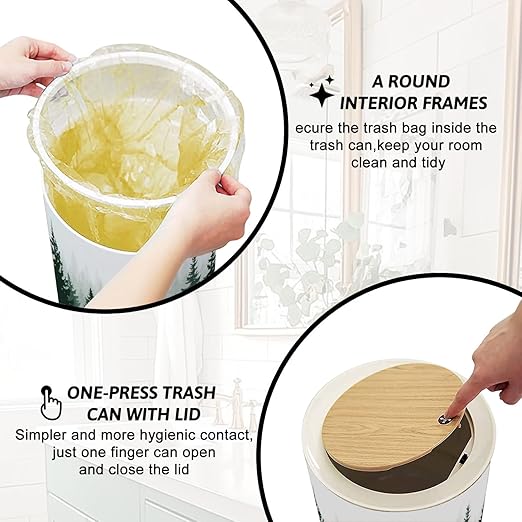 Trash Can with Lid Forest Nature Landscape Evergreen coniferous Trees Pine Spruce Press Top Round Small Garbage Bin with Wooden Legs Waste Basket for Kitchen Bedroom Nursery 7L/1.8 Gallon