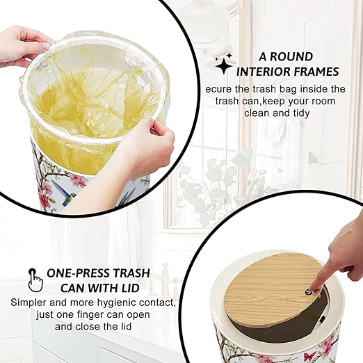 Trash Can with Lid Seamless Floral Hand Drawn Hummingbirds Tropical Japanese Press Top Round Small Garbage Bin with Wooden Legs Waste Basket for Kitchen Bedroom Nursery 7L/1.8 Gallon
