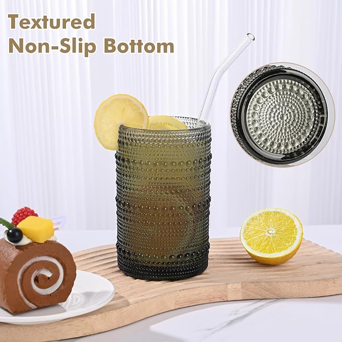 ZMOWIPDL Vintage Hobnail Drinking Glasses Set of 8,Grey 12 oz & 15oz Highball Glass Cups, Kitchen Drinkware Glassware,Embossed Water Tumbler,for Beer,Cocktail,Whiskey,Juice and Various Mixed Drinks