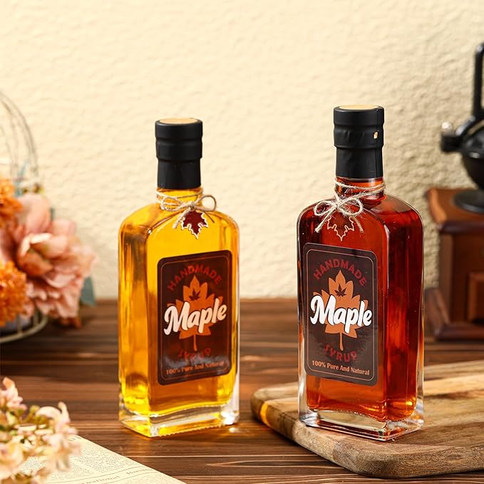 12 Pcs Glass Maple Syrup Bottles Bulk 8 oz Clear Glass Bottle with Cork Lids Reusable Syrup Jars Containers Maple Syrup Sticker for DIY Juice Milk Sauce Storage Gifts(Black,Black Maple Leaves)