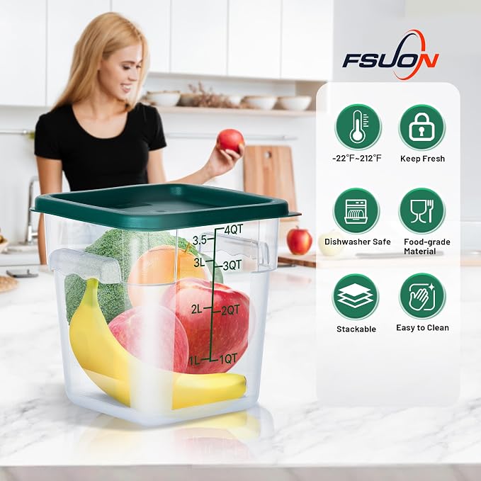4 Pack 4 Qt Square Polycarbonate Food Storage Containers with Lids | Clear BPA-free PC with lids, side handles, measurement scale and stackable design; for food prep, storage and freezer use.