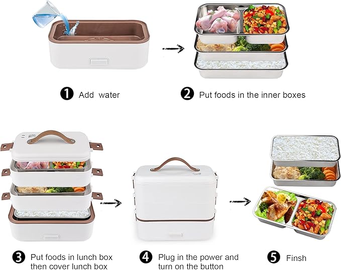 Self Cooking Electric Lunch Box, Portable Food Warmer for On-the-Go, 3 Layers 800ML Slow Cooker Heated Lunch Box for Home Office Travel Cook Food (ONLY THE WALL PLUG)
