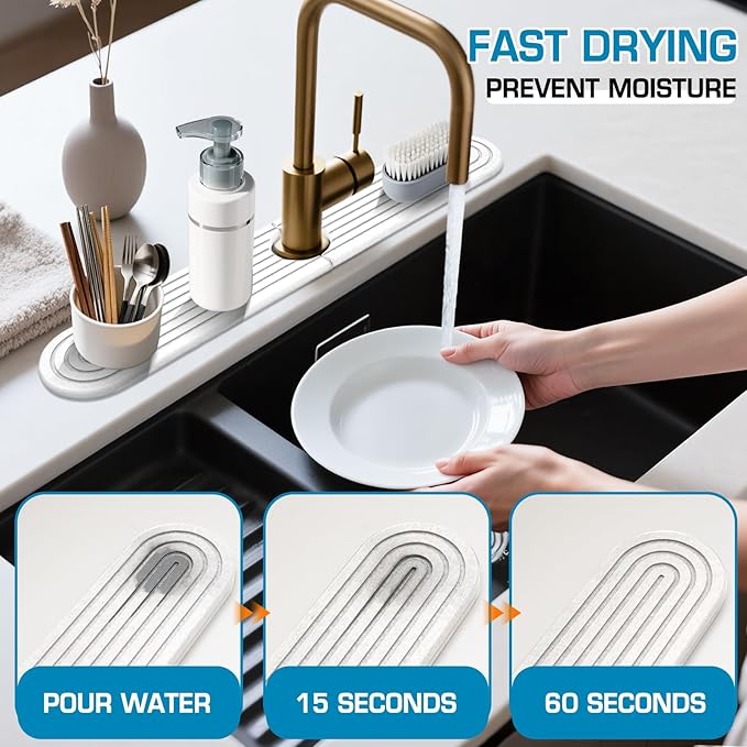 Diatomite Stone Faucet Mat For Kitchen Sink-Absorbent Fast Drying Stone Sink Tray,Faucet Splash Guard Counter,Quick Dry Sink Mat Around Faucet For Kitchen & Bathroom (white-Oval,23.6" x 4")