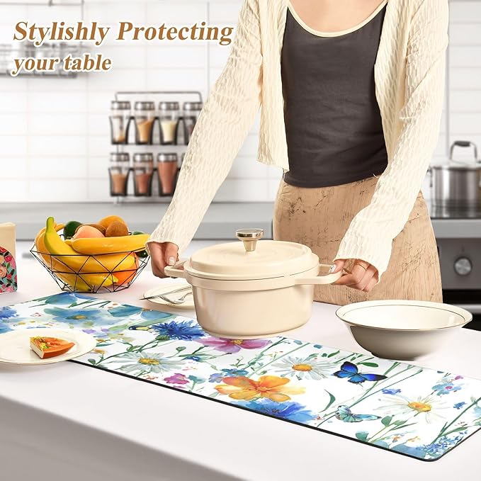 2 in 1 Table Runner Trivet for Hot Pots and Pans Heat Resistant Non Slip Waterproof 39 x 12 Inch Decorative Table Protector for Kitchen Countertop Watercolor Cornflower Daisy