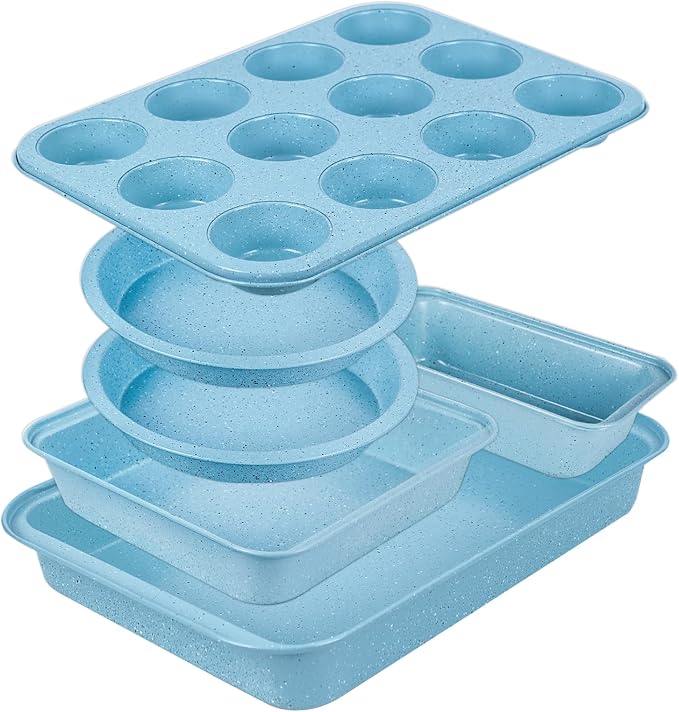 6-Piece Nonstick Cake Baking Set, Blue — Round Pie Pans, Loaf Pan, Muffin Pan & Square Cake Pan, Stackable Carbon Steel Bakeware for Beginner Bakers, Oven Safe