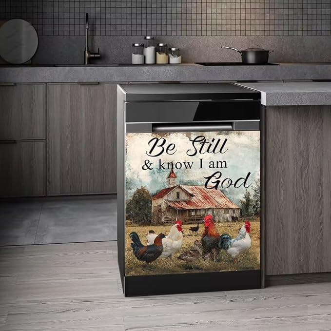 Farmhouse Chicken Front Door Dishwasher Magnet Cover,Decorative Be Still and Know That I am God Text Panel Sticker,23x17 Inch Magnetic Dishwasher Cover for Refrigerators and Appliances