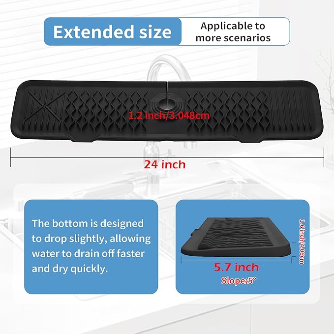 24 inch Silicone Faucet Splash Guard Black Kitchen Sink Mat Dish Drying Mats Sponge Holder and Bathroom Countertop Protect Kitchen Sink Splatter Screen Faucet Air Drying Mat Drip Catcher Tray