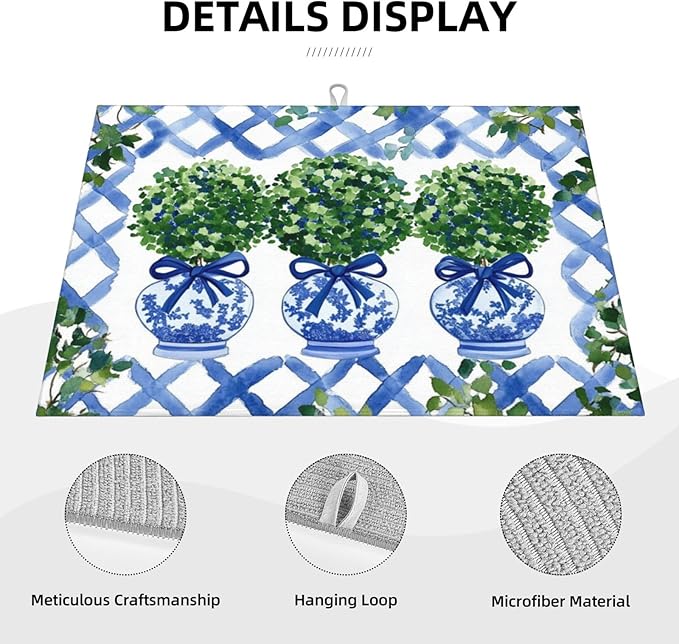 Topiary Chinoiserie Ginger Jar Dish Drying Mat For Kitchen Counter Microfiber Absorbent Dish Draining Reusable Washable Extra Large 18"X24"