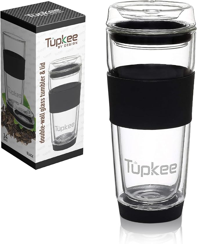 Double Wall Glass Tumbler - 14-Ounce, All Glass Reusable Insulated Tea/Coffee Mug & Lid, Hand Blown Travel Mug - Black