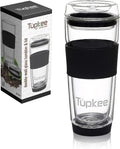Double Wall Glass Tumbler - 14-Ounce, All Glass Reusable Insulated Tea/Coffee Mug & Lid, Hand Blown Travel Mug - Black