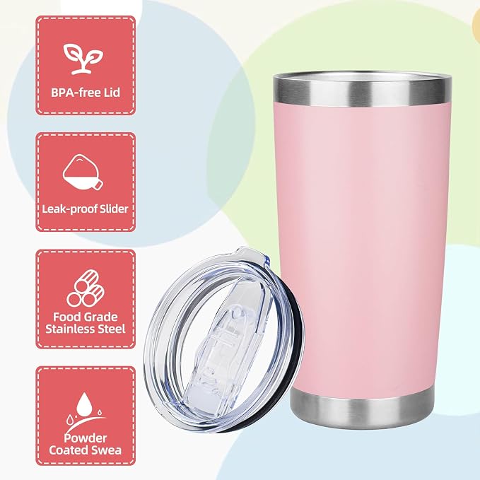 20oz Tumbler with Lid Stainless Steel Insulated Tumblers Travel Coffee Tumbler Bulk Double Wall Vacuum Insulated Water Cup Gifts for Christmas Women Men Her Him Home Office(Pink, 4pack)