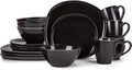 Elanze Designs 16-Piece Modern Luxury Chic Smooth Vintage Handmade Shape High Gloss Ceramic Stoneware Square Plate Mug & Bowl Kitchen Dinnerware 16 Piece Set - Service for 4, Black