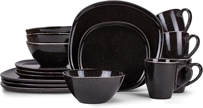 Elanze Designs 16-Piece Modern Luxury Chic Smooth Vintage Handmade Shape High Gloss Ceramic Stoneware Square Plate Mug & Bowl Kitchen Dinnerware 16 Piece Set - Service for 4, Black