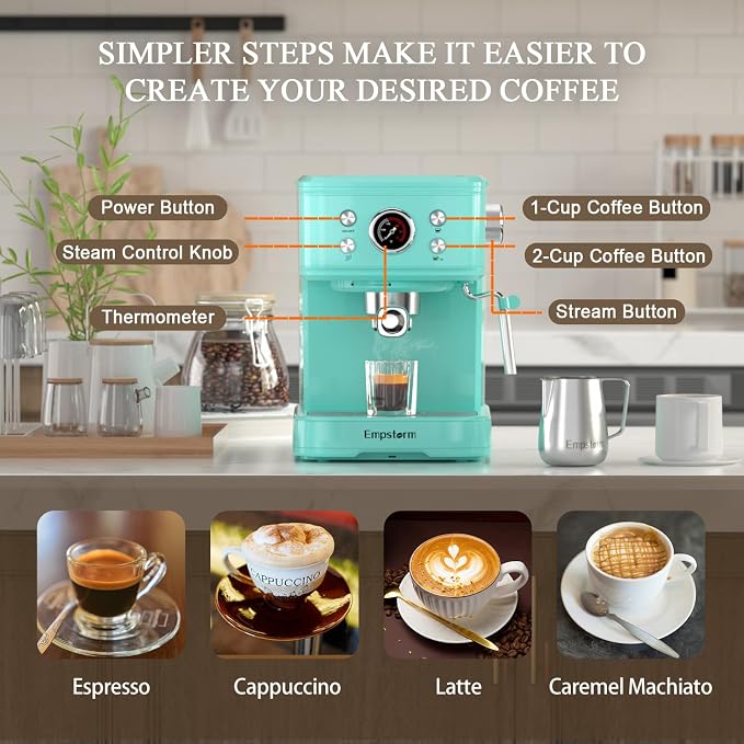 Empstorm EM-04E 20Bar Espresso Machine with Milk Frother Steam 1100W TBlue | 2 IN 1Wand Compatible NS Original Capsules Professional Latte Coffee Makers Cappuccino Machine for Home Brewing