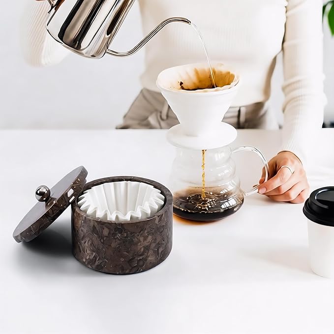 Marble Coffee Filter Holder – 6 inch Handmade Oceanic Coffee Filter Holder with Lid, Storage Organizer for Kitchen Countertop & Bar Decor