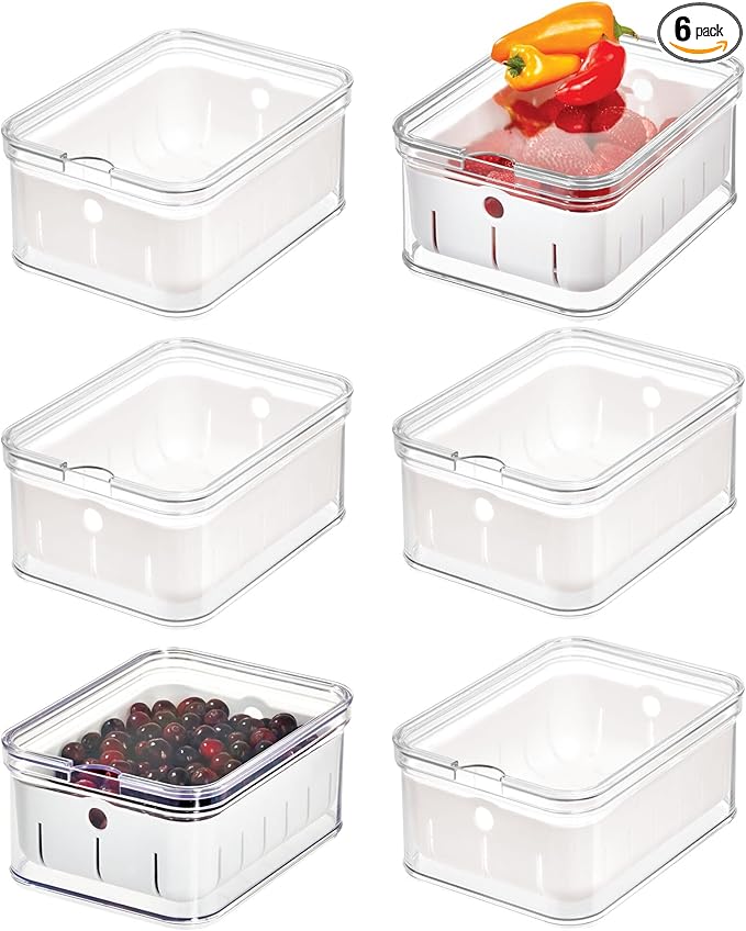 iDesign Small Fridge Berry Bin with Removable Colander Basket and Lid - Set of 6 - Clear/White
