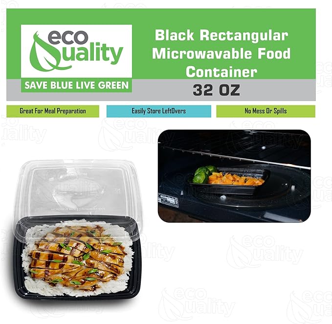 32 oz Reusable Food Storage 100 Pack Containers with Lids by EcoQuality – Rectangular BPA Free Freezer, Microwave & Dishwasher Safe – Airtight & Watertight Stackable, Lunch Meal Prep, To-Go, Bento Box