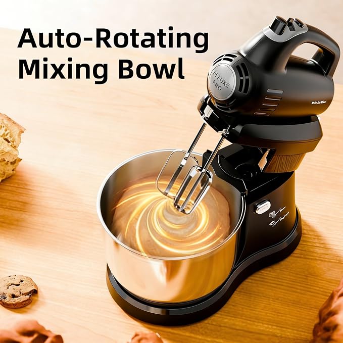 3.2QT 2-in-1 Stand Mixer, Electric Kitchen Mixer with Auto-Rotating Bowl & Tilt-Head, 5-Speed 250W Turbo Baking Machine for Beginners with Beater & Dough Hook for Cookie, Bread, Cake (Black)