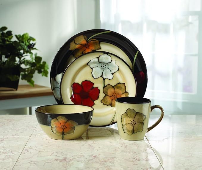 Pfaltzgraff Painted Poppies 16-Piece Stoneware Dinnerware Set, Service for 4, Dinner Plates, Salad Plates, Bowls and Mugs, Dishwasher and Microwave Safe